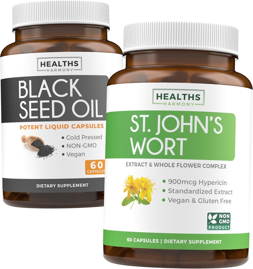 Black Seed Oil & St. John's Wort (1-Month Supply) Serene Blend Bundle of Black Seed Oil (60 Capsules) Cold-Pressed Nigella Sativa & St. John's Wort (60 Capsules) with Powerful 900mcg Hypericin
