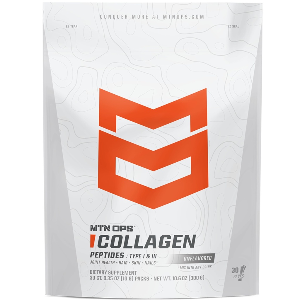 MTN OPS Collagen Protein Powder On-The-Go Packs, 30 Packs per Bag of Unflavored, Highly Digestible Protein with 9g of Protein per Serving