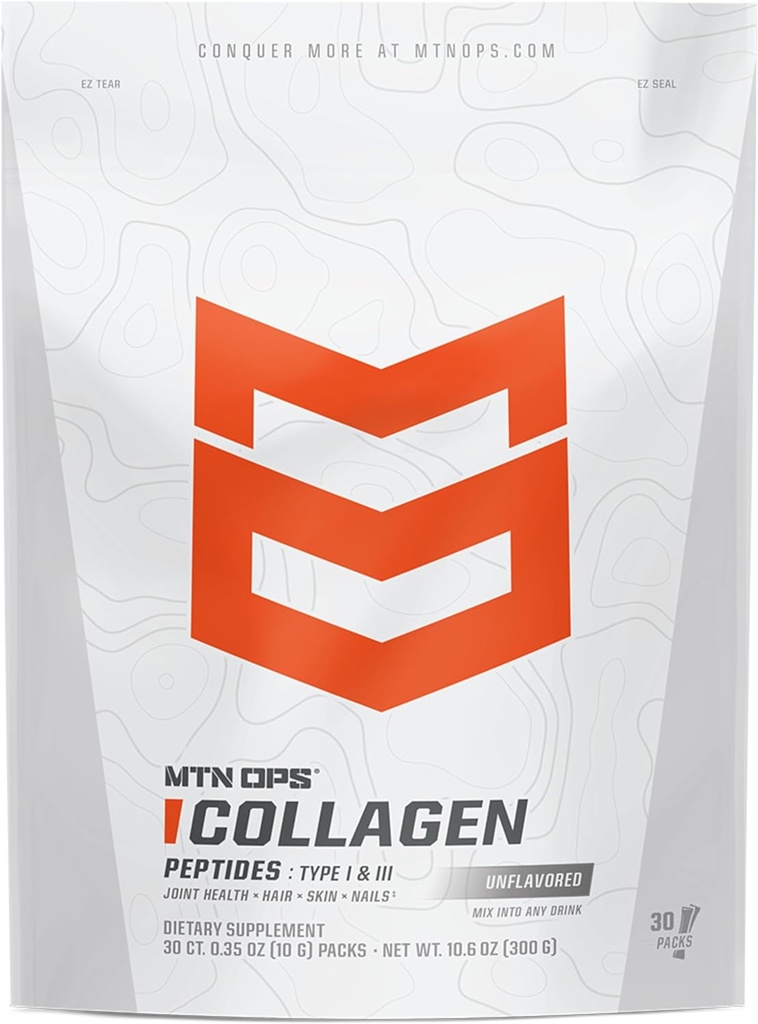 MTN OPS Collagen Protein Powder On-The-Go Packs, 30 Packs por Bolsa de Proteína Desflavorada, Altamente Digestible con 9g de Proteína por Serving
