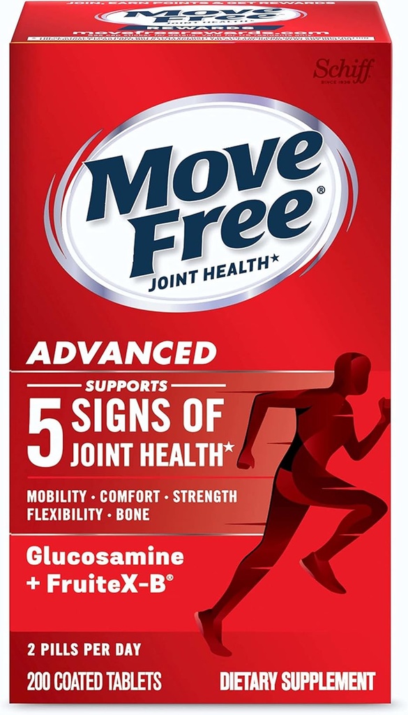Move Free Advanced Glucosamine Chondroitin + Calcium Fructoborate Joint Support Supplement, Supports Mobility Comfort Strength Flexibility & Bone - 200 Tablets (100 porciones)*