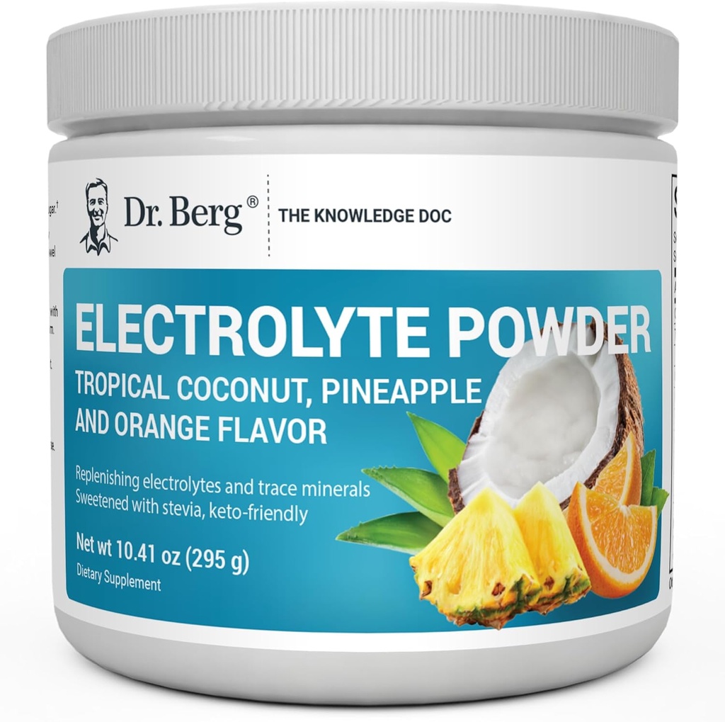 Dr. Berg Zero Sugar Hydration Keto Electrolyte Powder - Enhanced w / 1000 mg de Potasio & Real Pink Himalayan Salt (NOT Table Salt) - Tropical Coconut, Pineapple &amp; Orange Drink Supplement 50 Servings