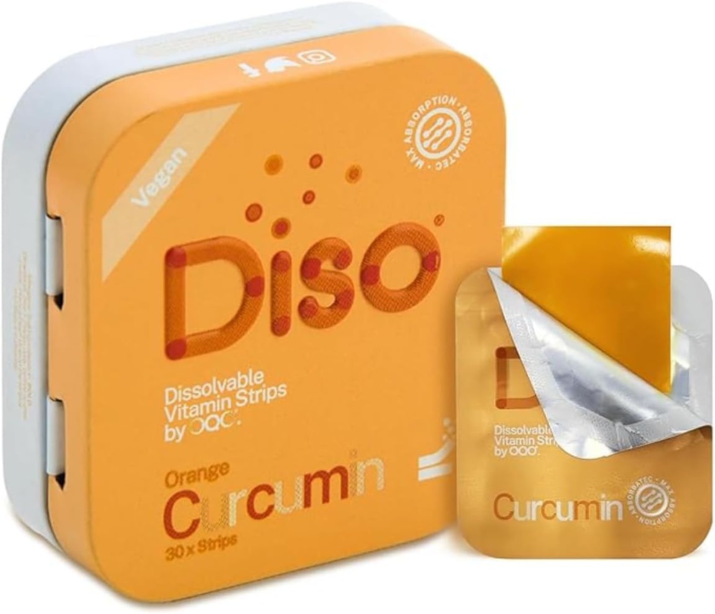 DISO - Curcumina - Tiras Orales Turméricas de resolución rápida, Sabor Naranja, Vegan, Azúcar Gratis, Absorción Máxima, Sin gluten, Agitada individualmente, 30 Fajas Dessolvables