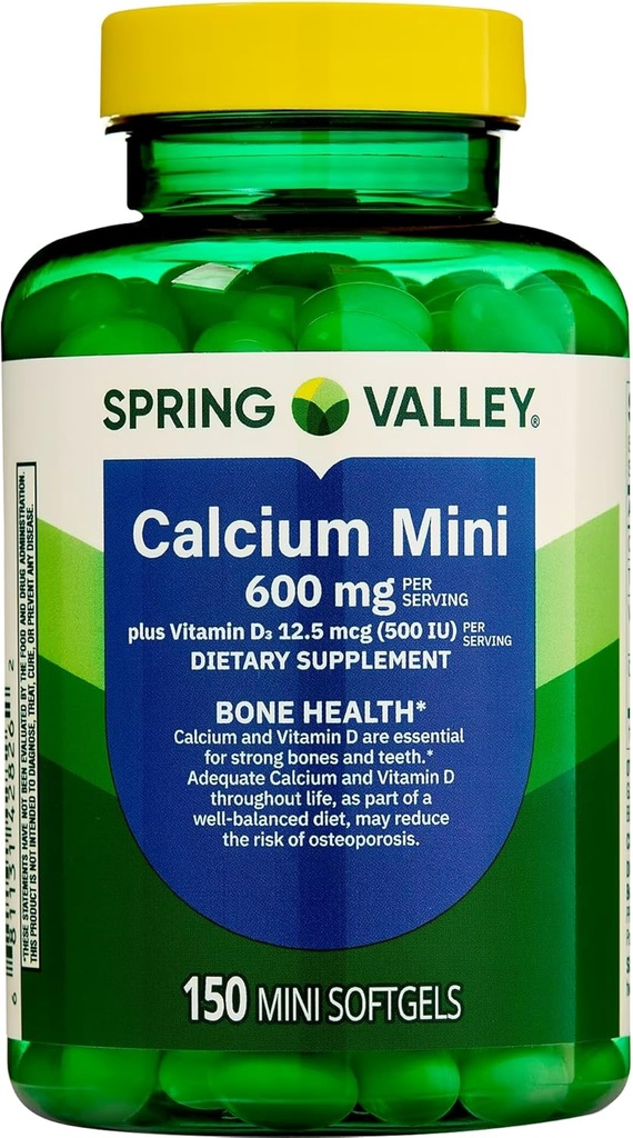 Spring Valley Calcium Mini 600 mg más Vitamina D3, 150 Conde, Suplemento dietético, pequeñas píldoras de calcio Agrupar con 45 diabetes de Luall
