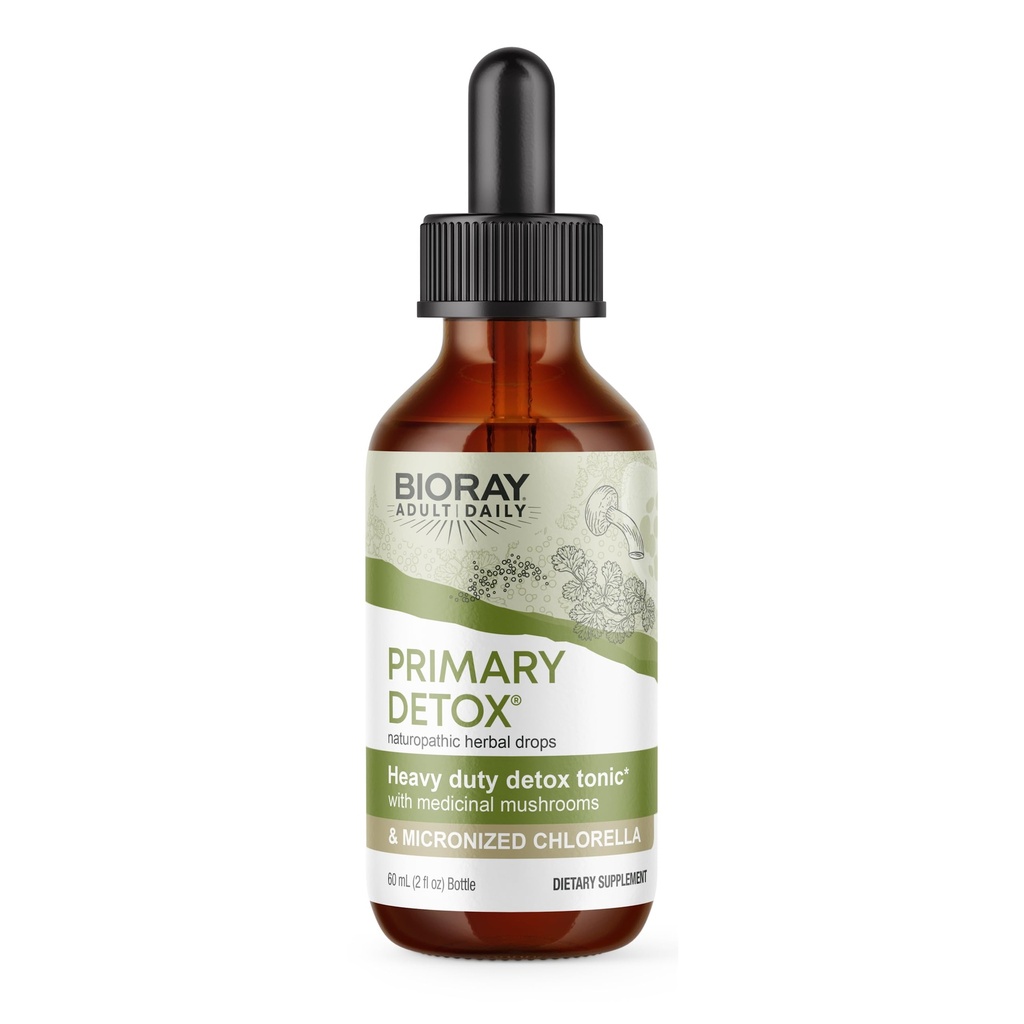 BIORAY Detox Primario diario - 2 fl oz - con Setas Medicinales & Clorella micronizada - Orgánica, No-GMO, Vegetariano, Gluten Gratis - Aprox. 15 Servicios