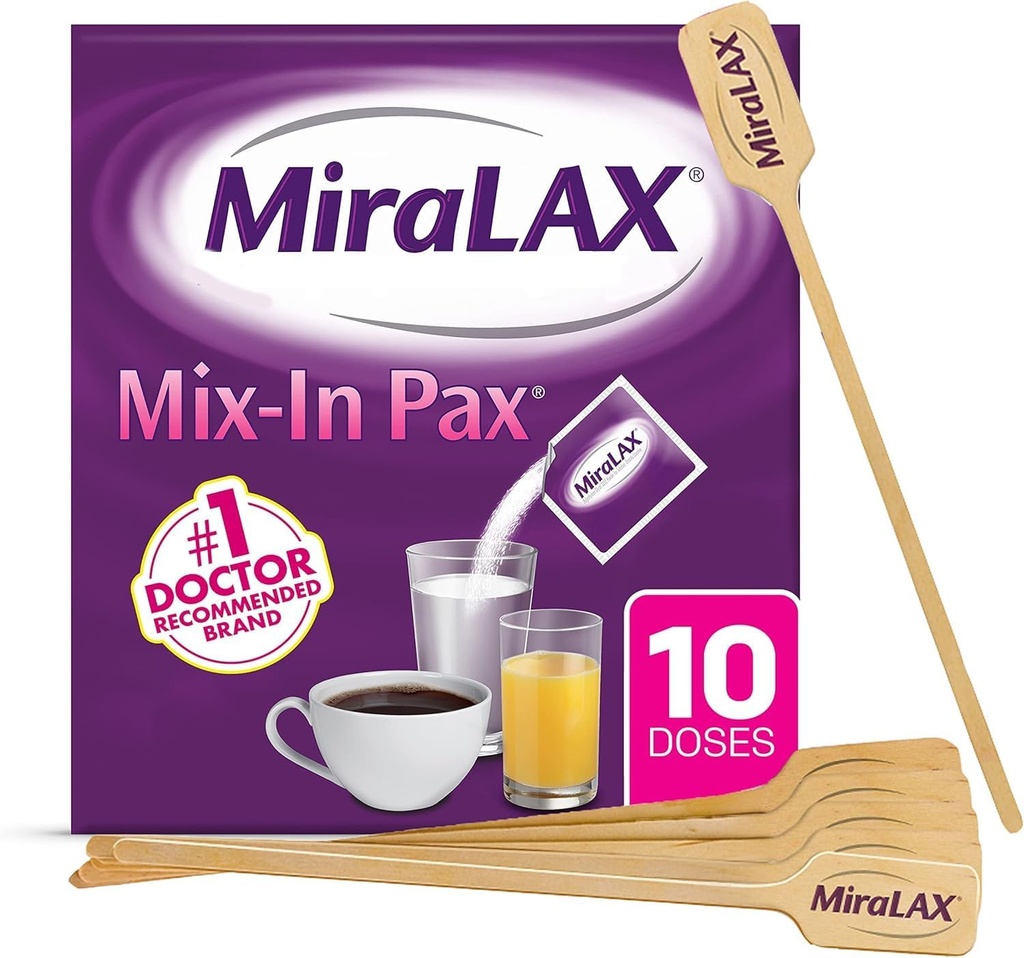 Constipación suave de MiraLAX Polvo laxante de alivio, suavizador de heces con PEG 3350, sin efectos secundarios de malla, mezcla de dosis única en el dolor con mezcladoras, paquete de viaje, 10 dosis