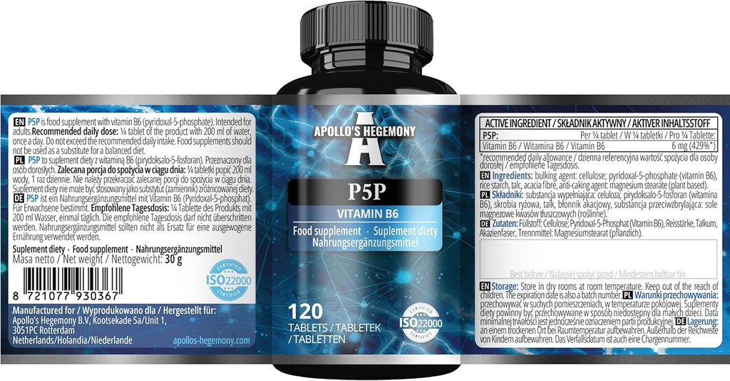 Pyridoxal-5-Phosphate (P-5-P) 50 mg por Tablet - 120 Tablas Vegan - Suministro para 480 Servimientos - Apoyos Funciones Nerve y Psicológicas - Suplemento dietético Vitamin B6 - por Hegemonía de Apolo