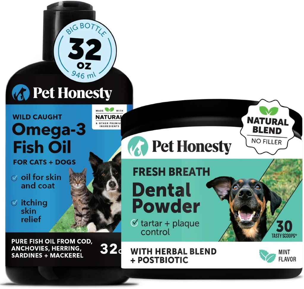 Petróleo de pescado Omega-3 para perros + Polvo dental para limpieza de dientes " eliminación de placas, promueve la piel sana, la carne "