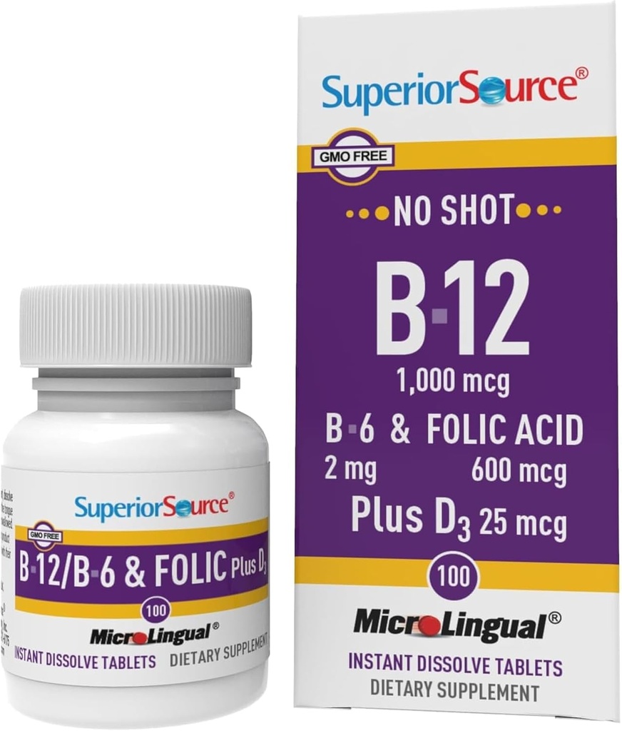 Fuente Superior No Zapato Vitamina B-12 Cyanocobalamin 1000 mcg, B-6, Ácido Fólico " Vitamina D-3 1000 UI - Soporta Energía, Cerebro, Corazón, " Salud Hueso - 100 Tabletas de Dissolación Sublingual