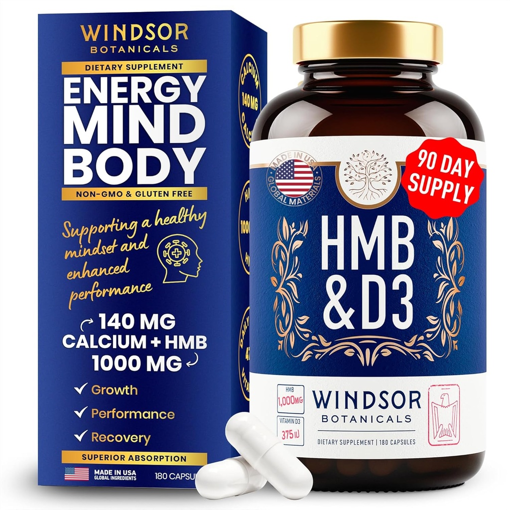 HMB y vitamina D3 Suplemento - B-Hydroxy B-Metilbutyrate 1000 MG HMB Suplementos para hombres y mujeres más calcio, vitamina D 3 - Crecimiento muscular, fuerza, rendimiento, recuperación - 90 días, 180 caps.