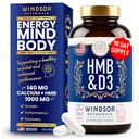 HMB y vitamina D3 Suplemento - B-Hydroxy B-Metilbutyrate 1000 MG HMB Suplementos para hombres y mujeres más calcio, vitamina D 3 - Crecimiento muscular, fuerza, rendimiento, recuperación - 90 días, 180 caps.