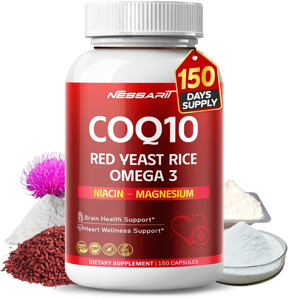 COQ10 + Red Yeast Rice Suplemento - 10-in-1 Natural Blend with Omega 3 Vitamin B3, K2, D3, Zinc Milk Thistle Black Pepper - 150 Count - Made &amp; Tested in The USA
