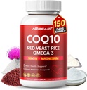 COQ10 + Red Yeast Rice Suplemento - 10-in-1 Natural Blend with Omega 3 Vitamin B3, K2, D3, Zinc Milk Thistle Black Pepper - 150 Count - Made &amp; Tested in The USA