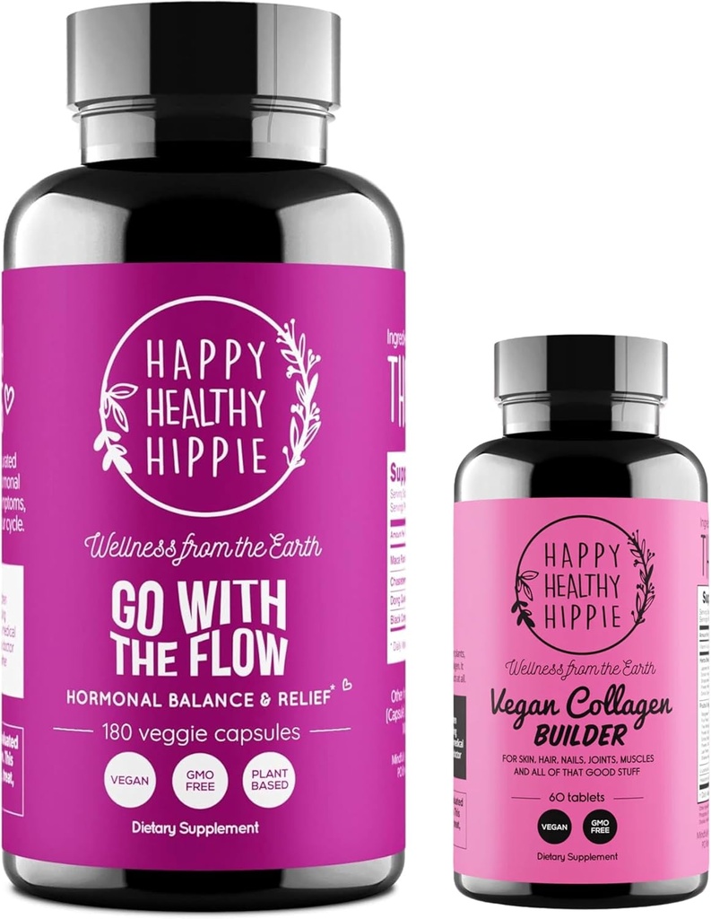 Happy Healthy Hippie Vegan Collagen Builder &amp; Go with The Flow Hormone Balance for Women 180 Ct