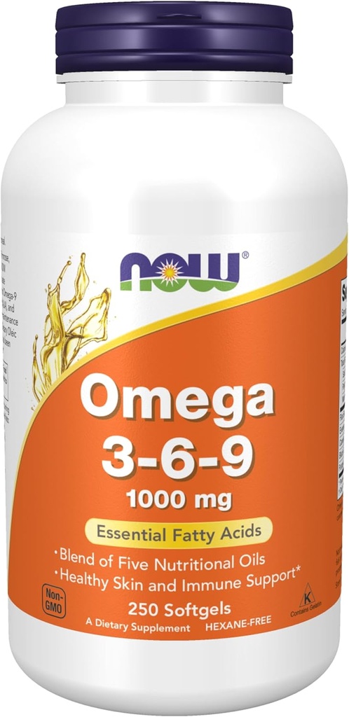 AHORA Suplementos de alimentos, Omega 3-6-9 1000 mg con una mezcla de semillas de Flax, Primrose de la noche, Canola, Currant Negro y aceites de semilla de calabaza, 250 Softgels