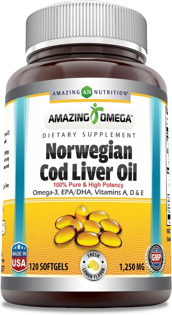 Increíble Omega Norwegian Cod Liver Oil 1250 Mg Softgels Suplemento ← Omega-3, EPA, DHA, Vitamina A, Vitamina D &amp; Vitamina E (Límon TEN 120 Conteo)