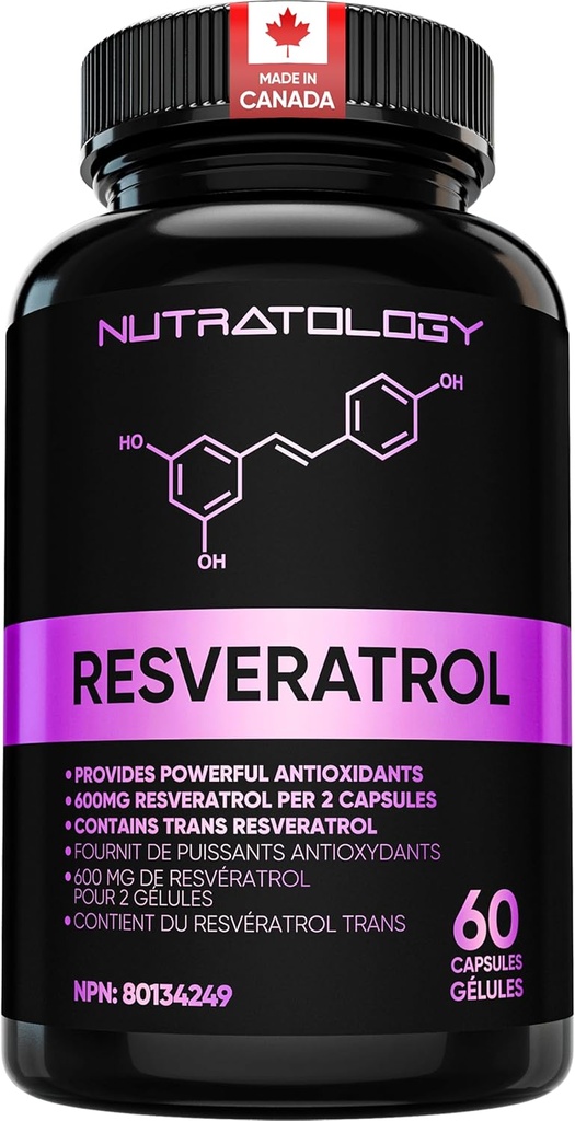 Nutratology Resveratrol Suplemento- Potent Antioxidant Suplemento - Anti Aging Trans Resveratrol - Aumenta la salud cardiovascular, regeneración celular y crecimiento del cabello - 60 cápsulas - 30 servicios