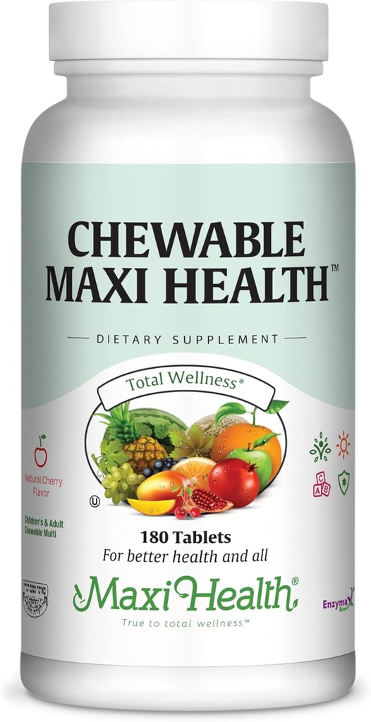 Maxi Health Chewable Multivitamin for Kids, Teens and Adults - Cherry Chewable Vitamins for Adults &amp; Children - Kosher Kids Multivitamin + Iron (180 Tabletas)