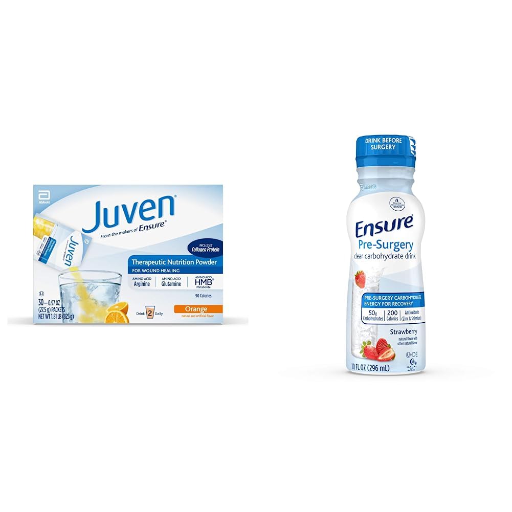 Juven Therapeutic Nutrition Drink Mix Powder for Wound Healing Support, incluye Collagen Protein, Orange, 30 Cuenta " Asegurar la pre-cirugía, Borrar la bebida de carbohidratos, Fresa, 10 fl oz, 4 Cuenta