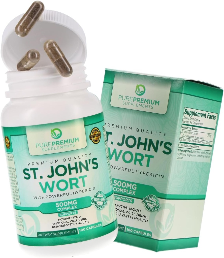 Pure Premium St. Johns Wort Capsules 500mg - Mood Support Supplement - Herbal & Natural Normal Stress Supplements - St John Wort Support Positivo Mood for Men &amp; Women - 3 Months Supply - 100 Capsules