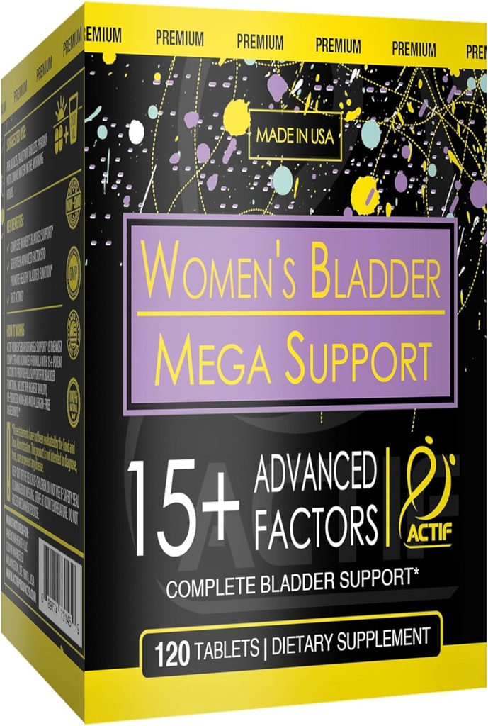 Actif Women's Bladder Mega Support con 15+ Factores, Non-GMO, para control de vejiga y soporte completo de vejiga, Made in USA, 120 Con
