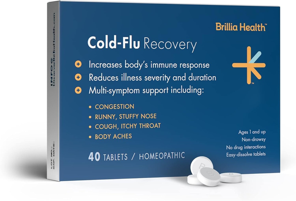 Brillia Health - Cold-Flu Recovery - 40 Tablets - Homeopathic Cold-Flu Relief - Proporciona un alivio clínico-provincia para el frío, la gripe para adultos y niños
