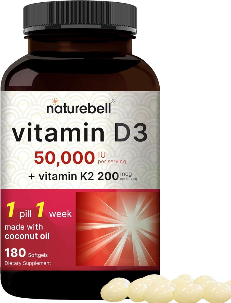 NatureBell Vitamina D3 50.000 UI + K2 200 mcg, 180 Softgels ← Fórmula con aceite de coco TEN Max Strength Bone, Heart & Immune Support TEN MK-7 Form ← Non-GMO