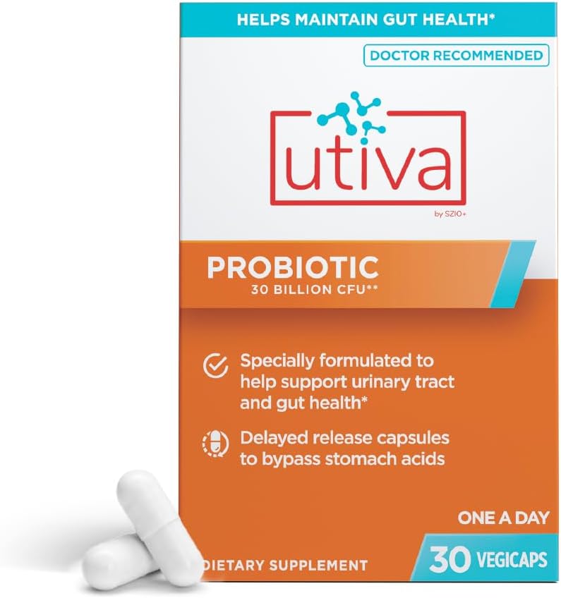 Szio+ Utiva Probiotic – Urinary Tract and Gut Health Supplement – 12 billion CFU Lactobacillus & Bifidobacterium Probiotic for Men and Women, 30 Delayed Release Vegi Capsules