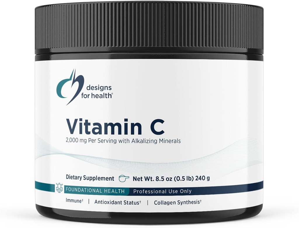 Diseños para la salud Buffered Vitamin C Powder 2000mg - Powdered Vitamin C (Acido acúbico) para la dosis alta con minerales alcalizantes para ser suaves en el estómago - Non-GMO Drink Mix (80 Servings / 240g)