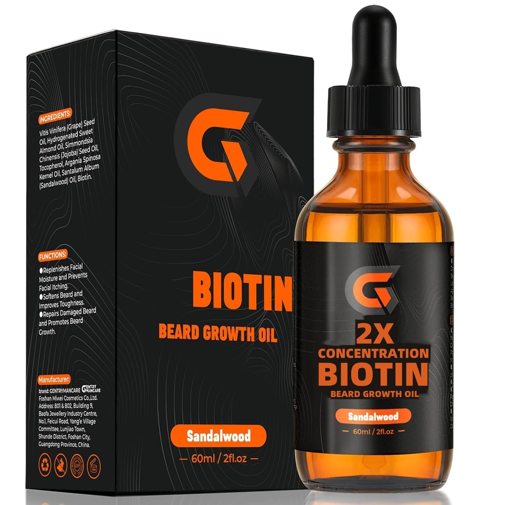 2X Concentration Biotin Beard Growth Oil for Men - Leave-In Conditioner & Softener - Moisturizes, Thickens, Strengthenings & Promotes Facial Hair Growth - Organic Argan & Jojoba Oil - 2fl. Oz