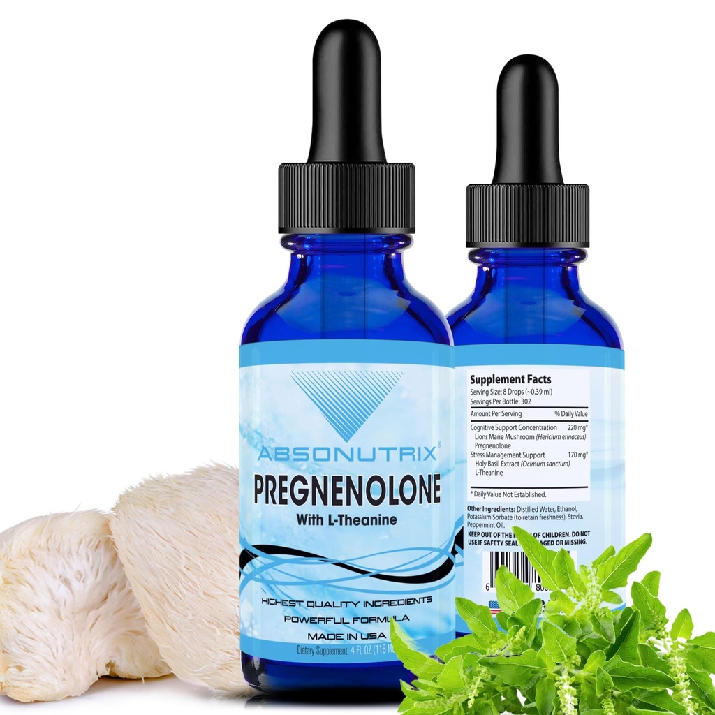 Absonutrix Pregnenolone con L-Theanine Advanced Formula 390 mg, 4 Oz Liquid, 302 Servings, Made in USA, Quick Absorption, Quality Potent Ingredients, Non-GMO, GMP Certified Facility