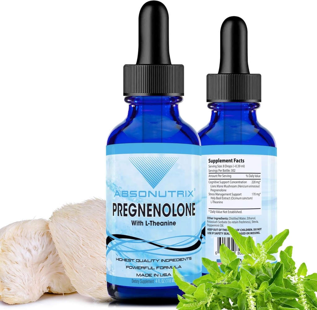Absonutrix Pregnenolone con L-Theanine Advanced Formula 390 mg, 4 Oz Liquid, 302 Servings, Made in USA, Quick Absorption, Quality Potent Ingredients, Non-GMO, GMP Certified Facility