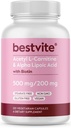 BESTVITE Acetyl L-Carnitine 500mg &amp; Alpha Lipoic Acid 200mg por cápsula con biotina (120 cápsulas vegetarianas) - No Stearates - Vegan - No GMO - Gluten Free