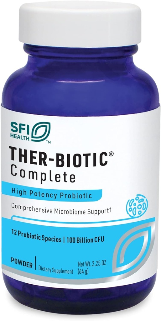 Klaire Labs SFI Health Ther-Biotic Complete Probiotic Powder - 100 Billion CFU - Probióticos de hombres y mujeres para la salud digestiva &amp; soporte inmunológico - sin lácteos, hipoalergénico (60 Servings, 64g)