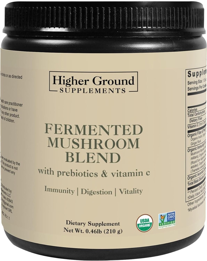 Fermented Mushroom Blend ← desde 6 Premium Grown Mushrooms ← Prebióticos, Fibras y Vitamina C para la Inmunidad ← Non-GMO TEN Gluten-Free Ø 210g