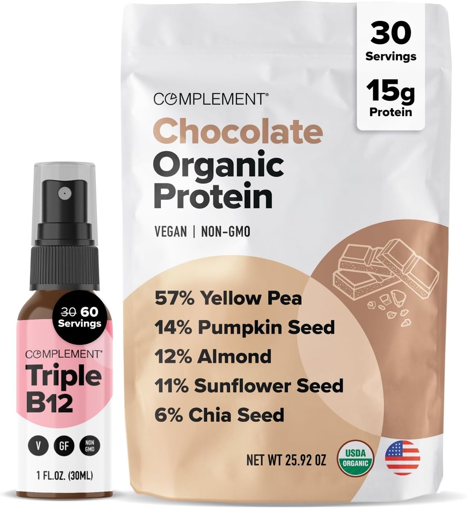 Complement Organic Chocolate Vegan Protein Powder & Triple B12 Spray Bundle – Plant-Based Protein and Essential B12 Supplementation for Energy and Wellness