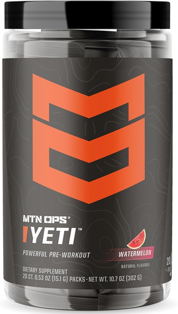MTN OPS Yeti Trail Packs Pre-Workout Powder Energy Drink with Creatine, 200mg Caffeine &amp; BCAAs with Beta Alanine, 20-Single Servings, Watermelon