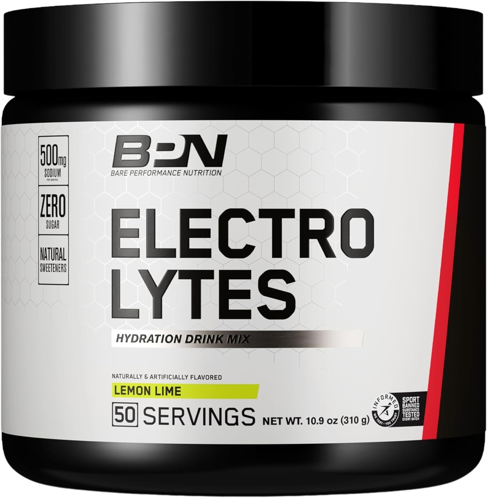 BARE PERFORMANCE NUTRITION BPN Electrolytes Hydration Drink Mix ¦ Sugar Free Electrolyte Powder TEN 500mg Sodium per Serving TEN Naturally Sweetened ← Lime Lemon, 50 Servings
