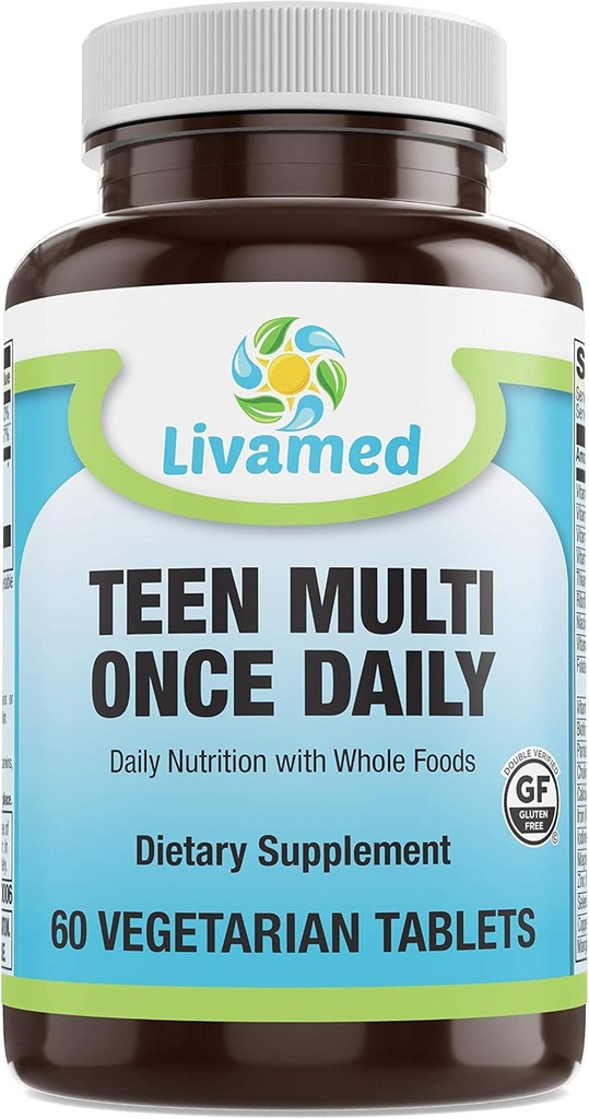 Natural Food Rich Teen Multivitamin Suplemento – Minerales y hierbas para niños adolescentes &amp; Niñas Salud, Immune & Energy Boost- Suplemento para niños activos Salud y bienestar óptimos – Vegetariana 60 Tabs