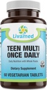 Natural Food Rich Teen Multivitamin Suplemento – Minerales y hierbas para niños adolescentes &amp; Niñas Salud, Immune & Energy Boost- Suplemento para niños activos Salud y bienestar óptimos – Vegetariana 60 Tabs