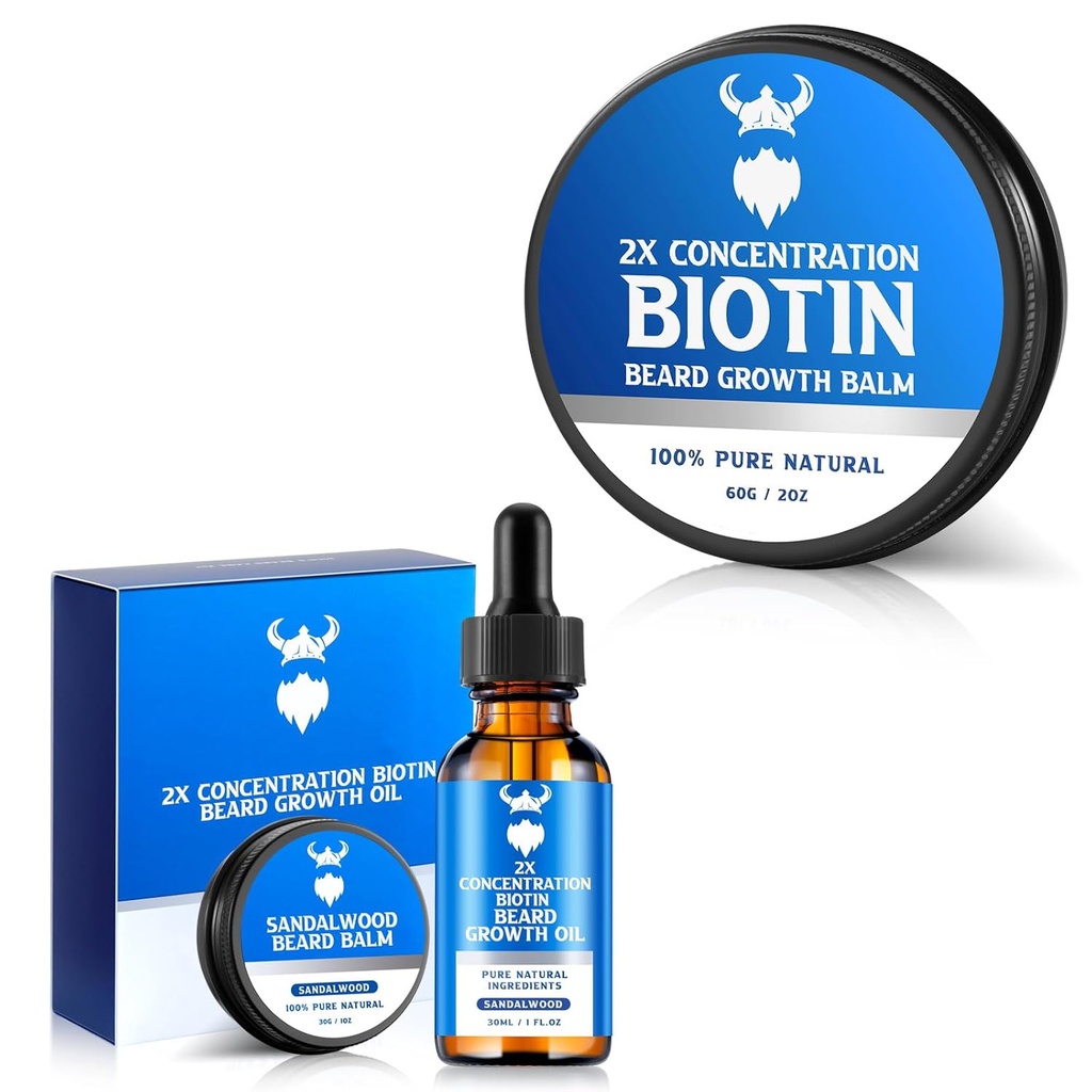 Beard Growth Oil con 2X Concentration Biotin for Men and Biotin Beard Balm for Men &amp; Conditioning Beard Wax, Hydrates & Thickens Facial Hair Growth