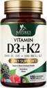 Vitamina D3 K2 Suplemento TENIDO 5000 UI D3 + K2 100 mcg TEN MK-7 K2 con Vitamina D ANTERIENDA Apoyo Immune, Heart, Teeth &amp; Bone Health - Nature's Easy to Chew, VIT D3 K2, Non-GMO, Tasty Berry Flavor - 120 Tablets