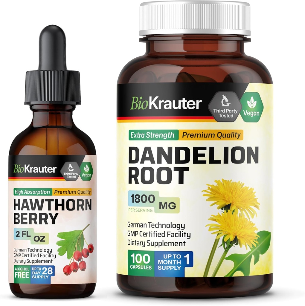 BIO KRAUTER Hawthorn Tincture 2 Fl. Oz. " Dandelion 100 Capsules