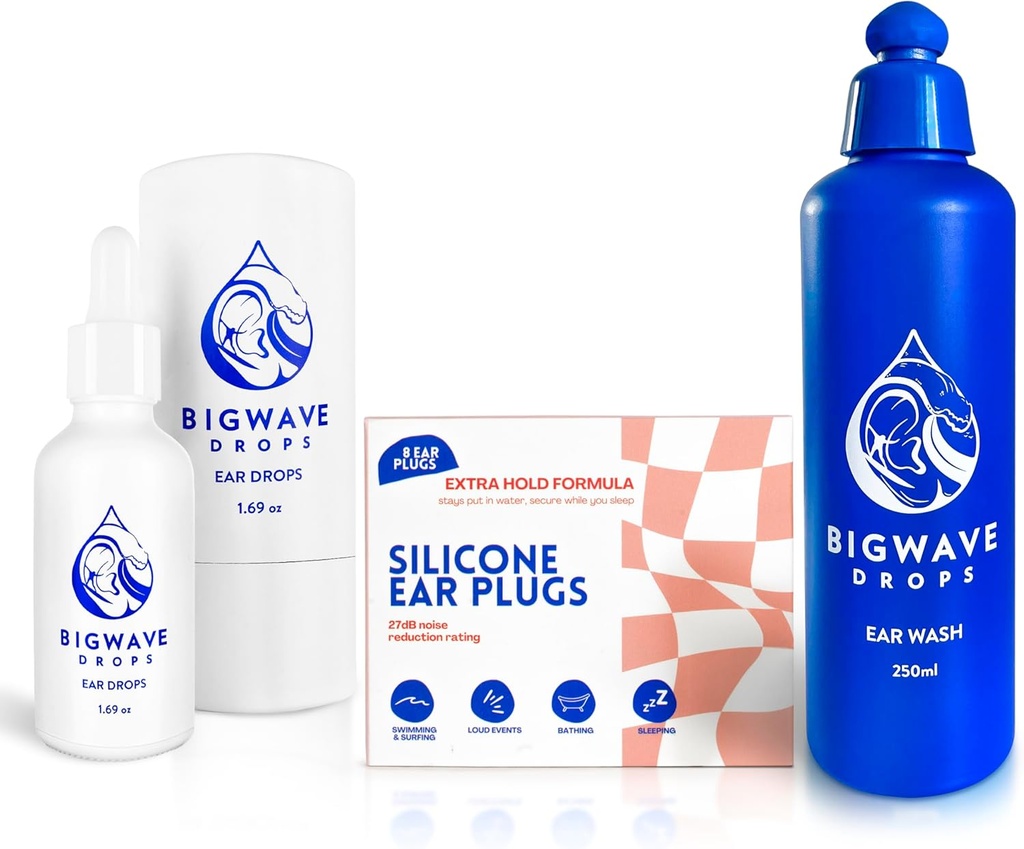 Ear Care Bundle - Incluye gotas de oído, Ear Wash &amp; Silicone Ear Plugs - para Swimmers, Athletes, Divers, Viajeros - Ear Care Products for Men, Women, Kids &amp; Adults - Best Swimmer Gift