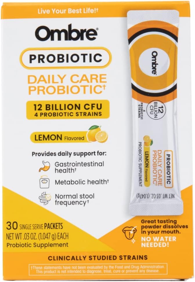 Ombre Daily Care Probiotic Powder - Prebióticos y Probióticos para Mujeres, Hombres, " Niños - Quick Dissolving Powder promueve la salud digestiva " Wellness general - 12 Billion CFU - Lemon Flavor, 30 Packets