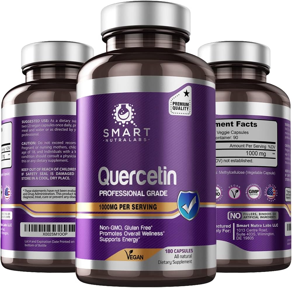 Smart Nutra Labs Quercetin 1000mg- 180 Vegan Capsules, 100% Pure Quercetin Supplement- Non-GMO, Gluten Free, Third Party Tested