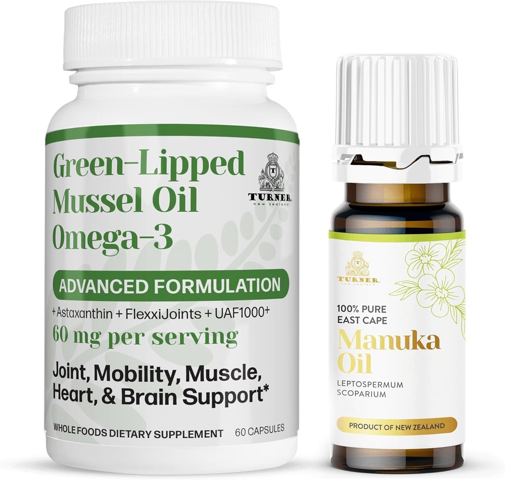 TURNER New Zealand Omega-3 Green Lipped Mussel Oil, 53x Higher Potency for Superior Joint Comfort & Mobility, No Fishy Aftertaste, 1 Bottle, 60 Softgels Plus 1 Bottle of Manuka Oil