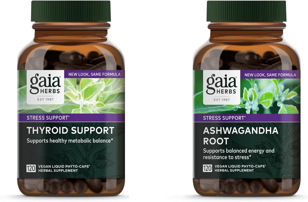 Gaia Herbs Ashwagandha Root - Made with Organic Ashwagandha Root - 120 Vegan Liquid Phyto-Capsules & Thyroid Support - Support Healthy Metabolic Balance and General Well-Being - 120 Vegan Liquid Phyto