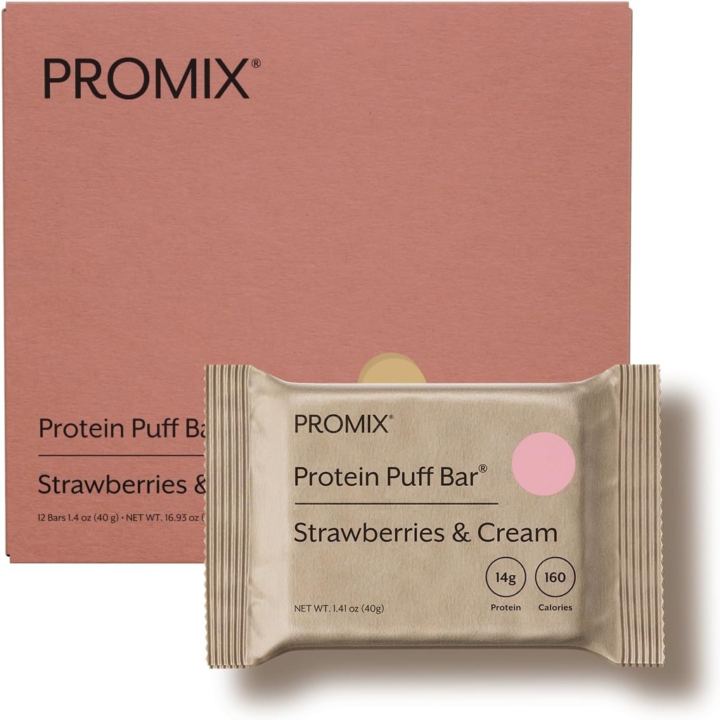 ProMix Nutrition Whey Protein Isolate Puff Bar, Low Carb Healthy Snack with Egg Whites - Grass Fed,Gluten Free, Low Sugar, Soy Free (Strawberries & Cream) - 12 Bares