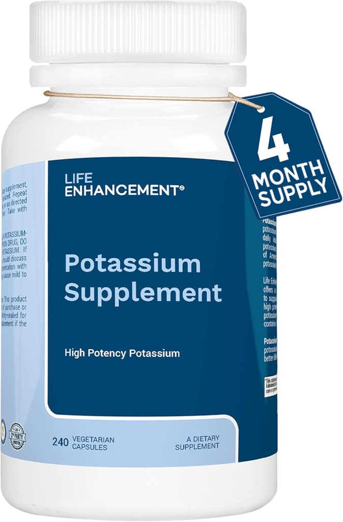 Life Enhancement High Absorption Potassium Supplement for Muscle, Brain & Bone Health - No Additives High Potency Elemental Potassium Supplement is Made in USA (240 Capsules – 120 Servings)