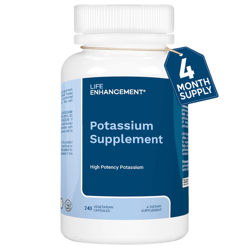 Life Enhancement High Potency 1020 mg Potassium Supplement for Muscle, Brain & Bone Health - No Additives High Absorption Elemental Potassium Supplement, Made in USA (240 Capsules – 120 Servings)